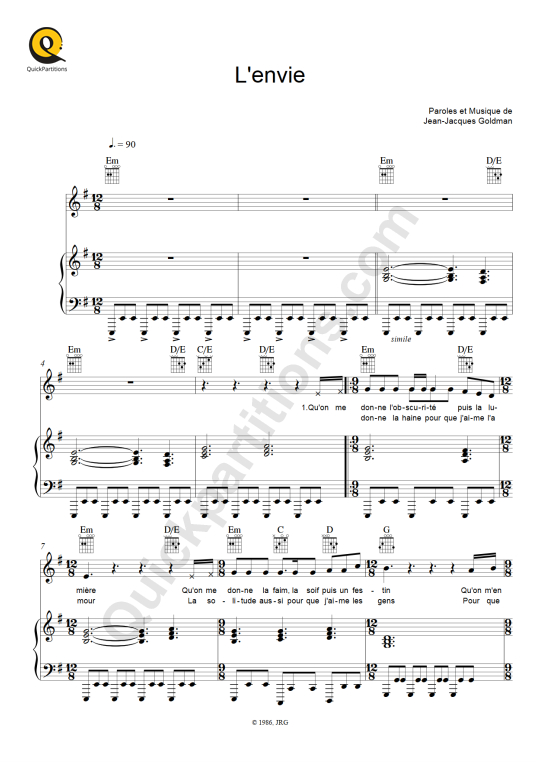 Partition piano L'envie de Johnny Hallyday