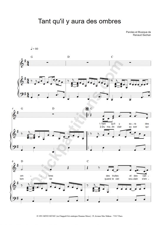 Partition piano Tant qu'il y aura des ombres - Renaud
