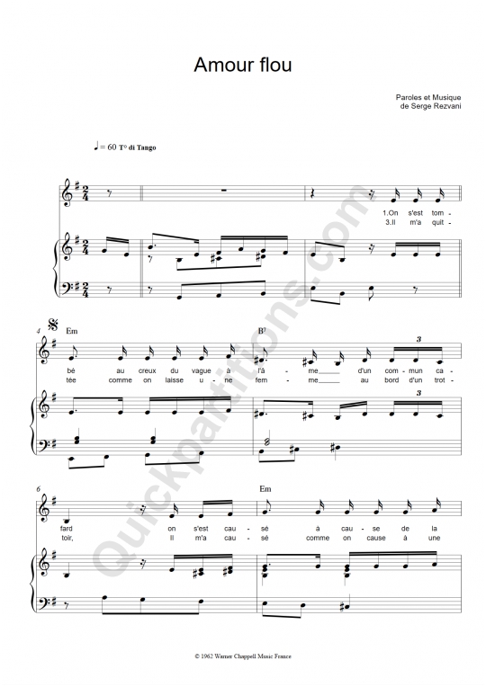 Amour flou Piano Sheet Music - Jeanne Moreau