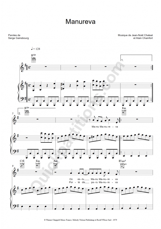 Manureva Piano Sheet Music - Alain Chamfort