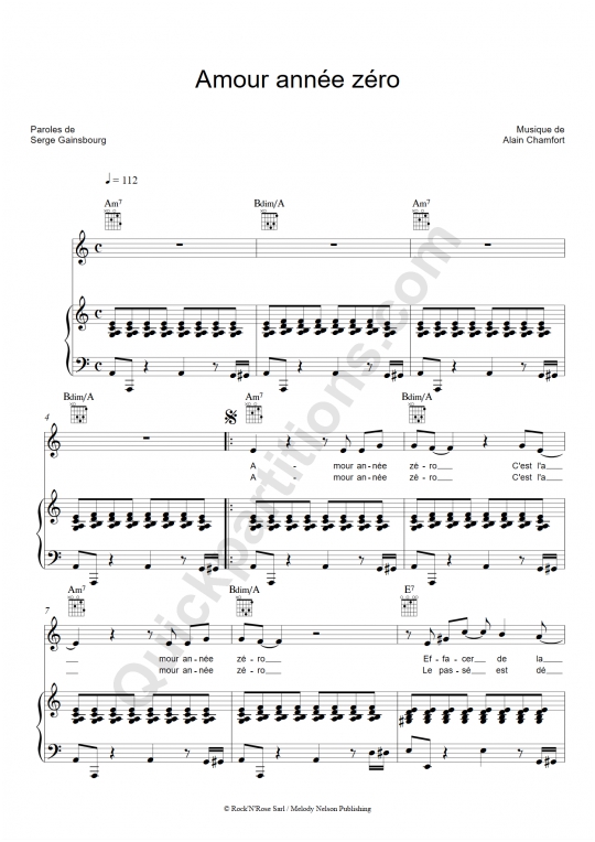 Amour année zéro Piano Sheet Music - Alain Chamfort