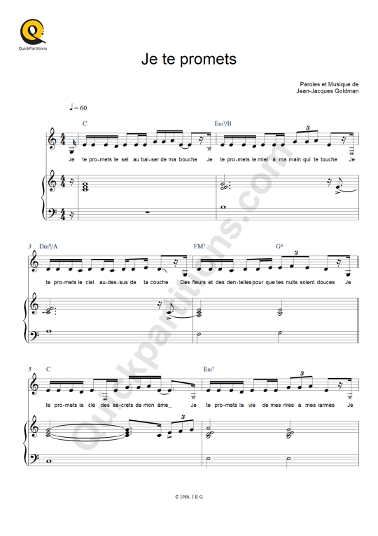 Je te promets Piano Sheet Music - Johnny Hallyday