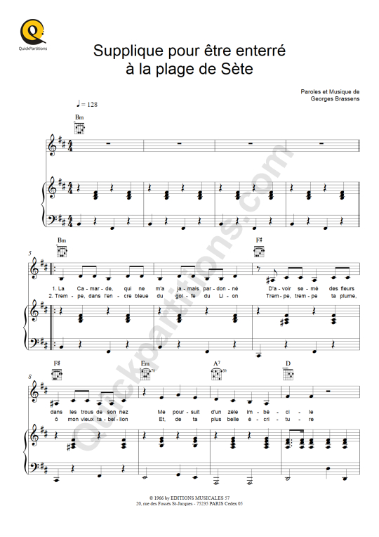 Partition piano Supplique pour être enterré à la plage de Sète - Georges Brassens