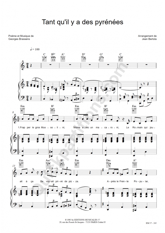 Partition piano Tant qu'il y a des pyrénées - Georges Brassens