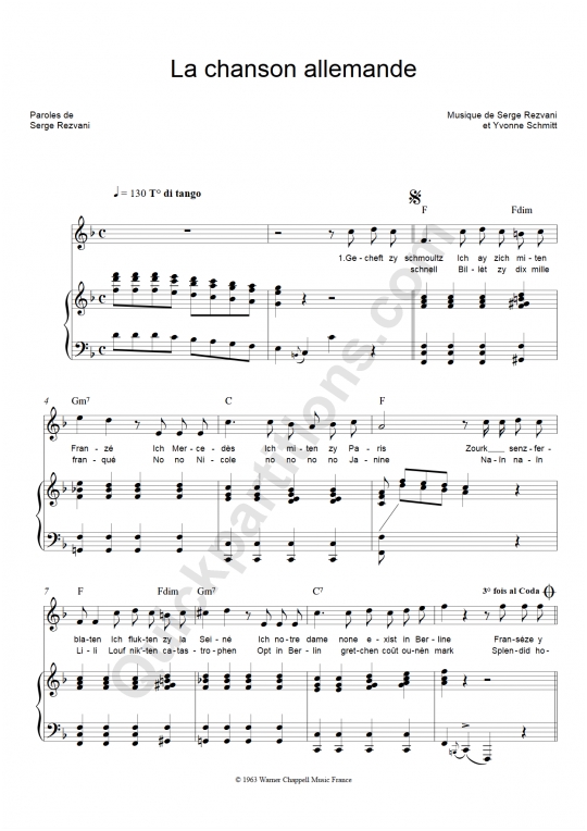 La chanson Allemande Piano Sheet Music - Serge Rezvani