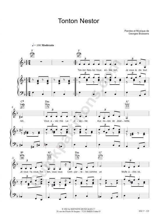 Partition piano Tonton Nestor - Georges Brassens
