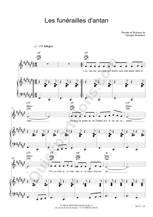 Partition piano Les funérailles d'antan - Georges Brassens