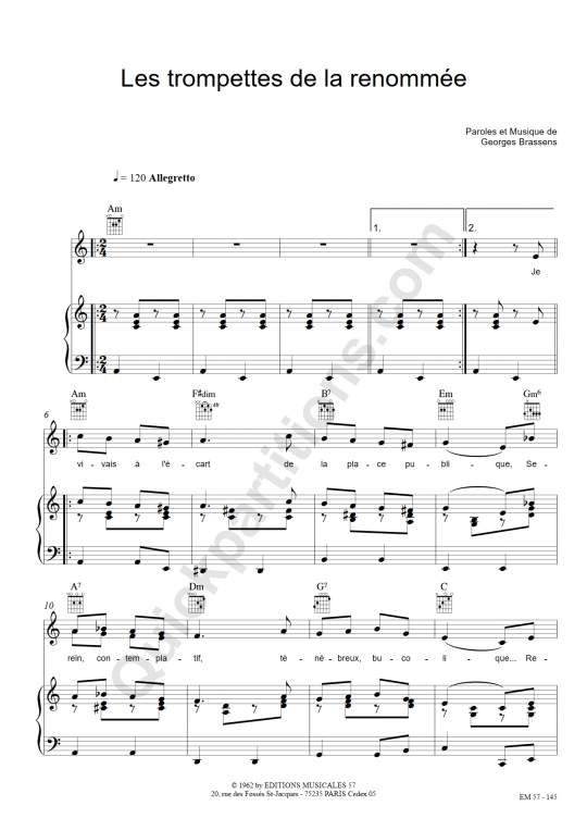 Partition piano Les trompettes de la renommée - Georges Brassens
