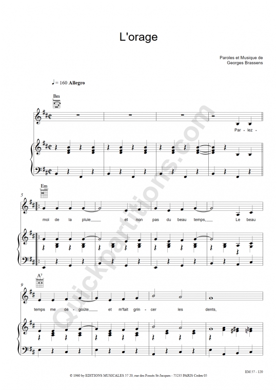 Partition piano L'orage - Georges Brassens