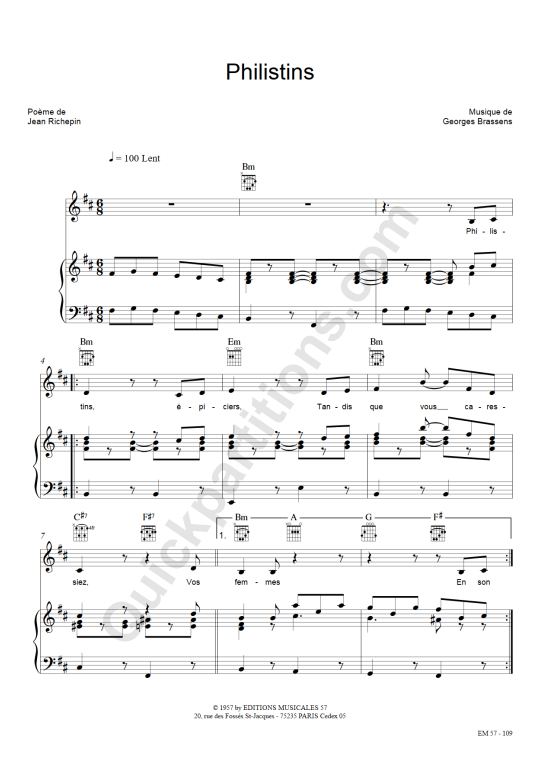 Partition piano Philistins - Georges Brassens (Partition Digitale)