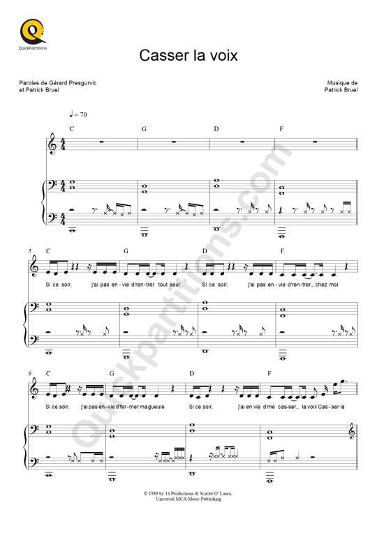 Casser la voix Piano Sheet Music - Patrick Bruel