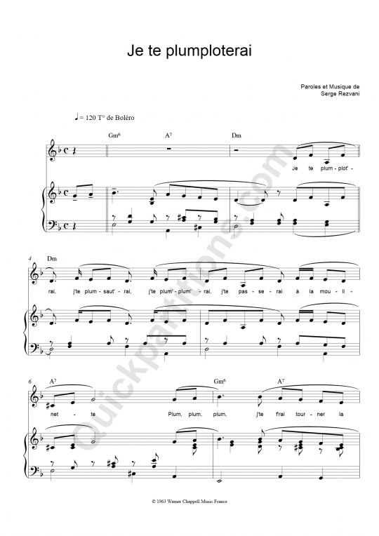 Je te plumploterai Piano Sheet Music - Serge Rezvani