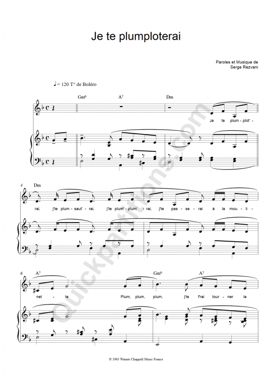 Je te plumploterai Piano Sheet Music - Serge Rezvani