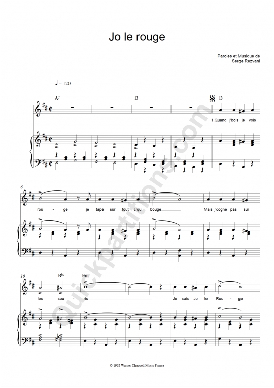Jo le rouge Piano Sheet Music - Serge Rezvani