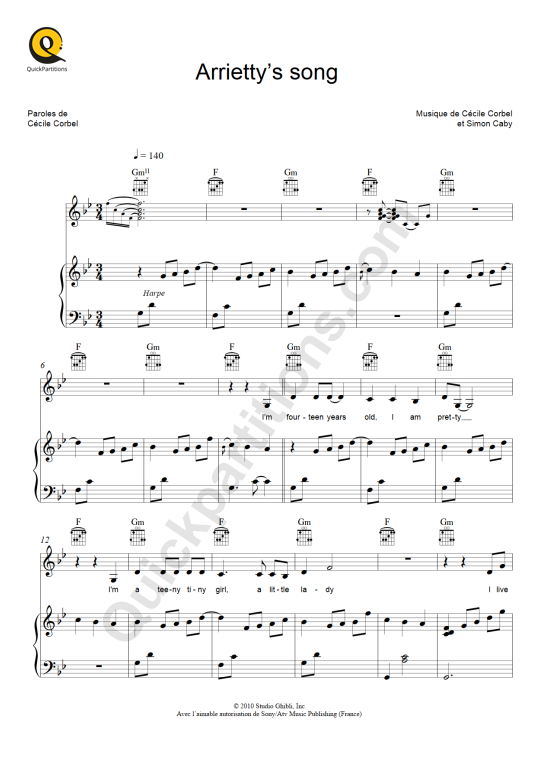 Partition piano Arrietty's Song - Cécile Corbel