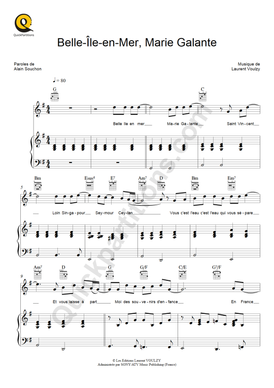 Partition piano Belle Ile en Mer, Marie Galante - Laurent Voulzy