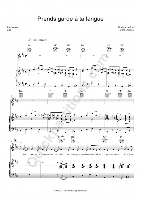 Prends garde à ta langue Piano Sheet Music - Zaz