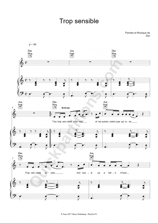 Partition piano Trop sensible - Zaz