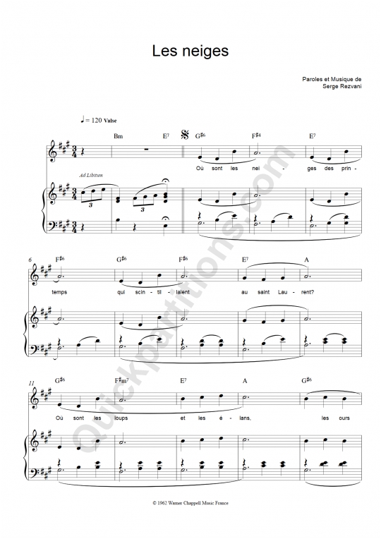 Les Neiges Piano Sheet Music - Serge Rezvani