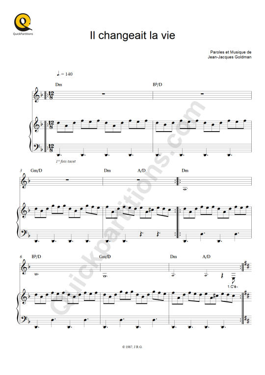 Il changeait la vie Piano Sheet Music - Jean-Jacques Goldman