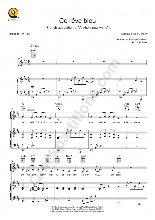 Ce rêve bleu (A whole new world) Piano Sheet Music - Aladdin