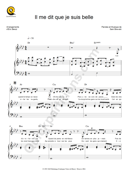 Partition piano Il me dit que je suis belle - Patricia Kaas