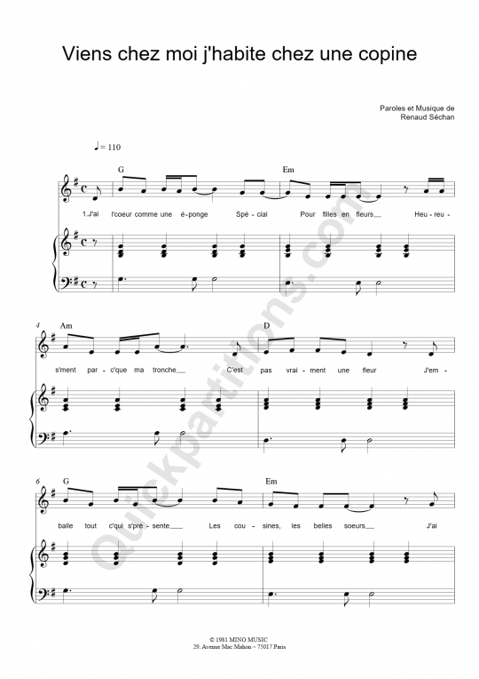 Partition piano Viens chez moi j'habite chez une copine - Renaud