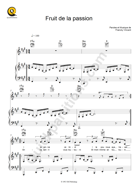 Partition piano Fruit de la passion - Francky Vincent