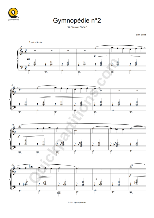 Partition piano Gymnopédie n°2 - Erik Satie