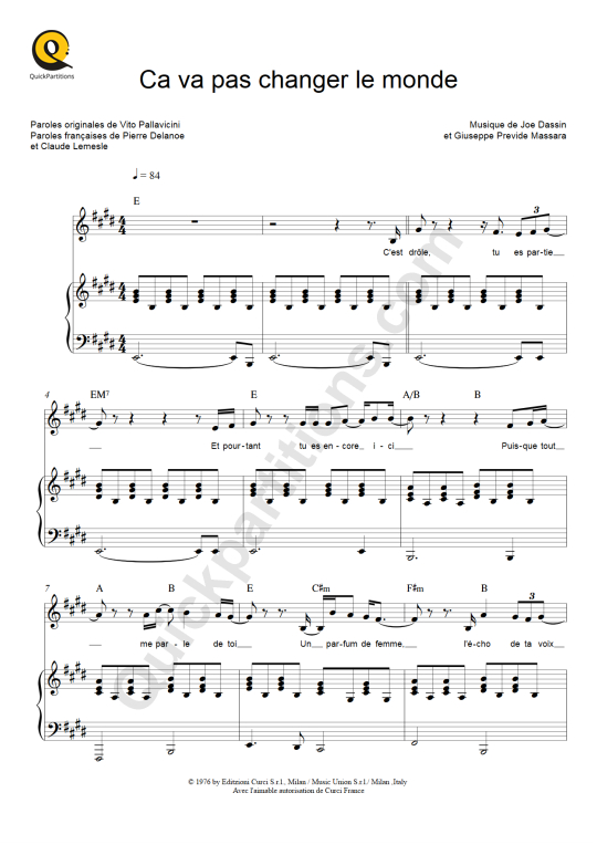 Ca va pas changer le monde Piano Sheet Music - Joe Dassin