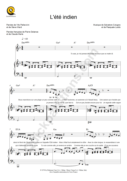 L'été indien Piano Sheet Music - Joe Dassin
