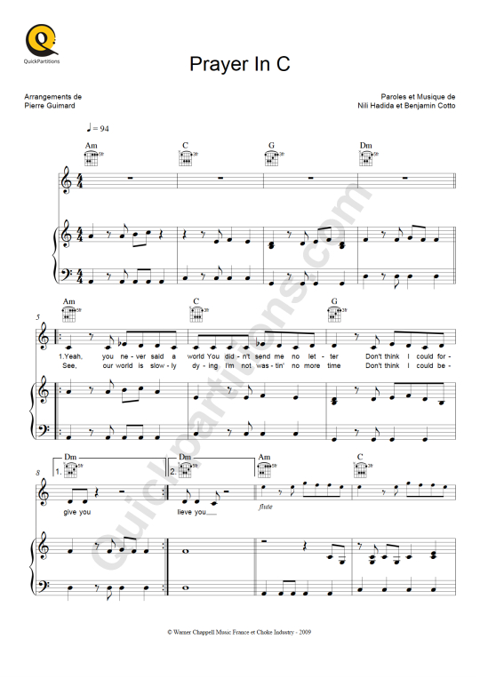 Partition piano Prayer In C - Lilly Wood and The Prick