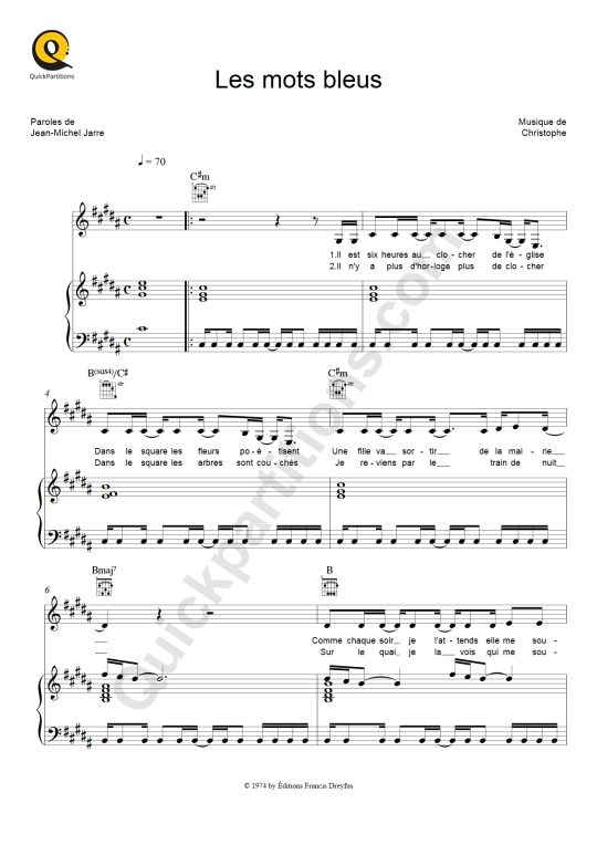 Les mots bleus Piano Sheet Music - Christophe