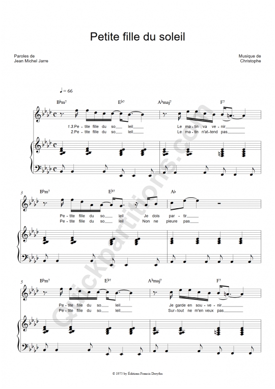 Partition piano Petite fille du soleil - Christophe