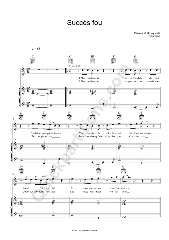 Partition piano Succès fou - Christophe