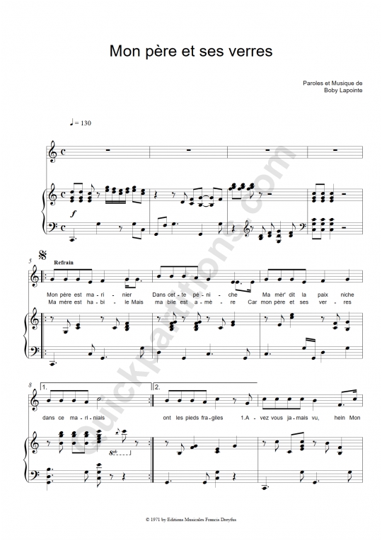Mon père et ses verres Piano Sheet Music - Boby Lapointe