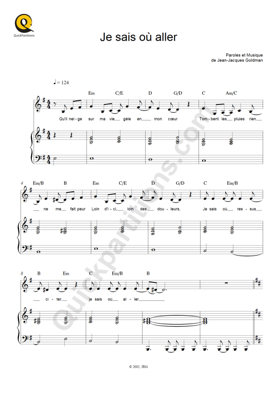 Partition piano Je sais où aller - Patrick Fiori