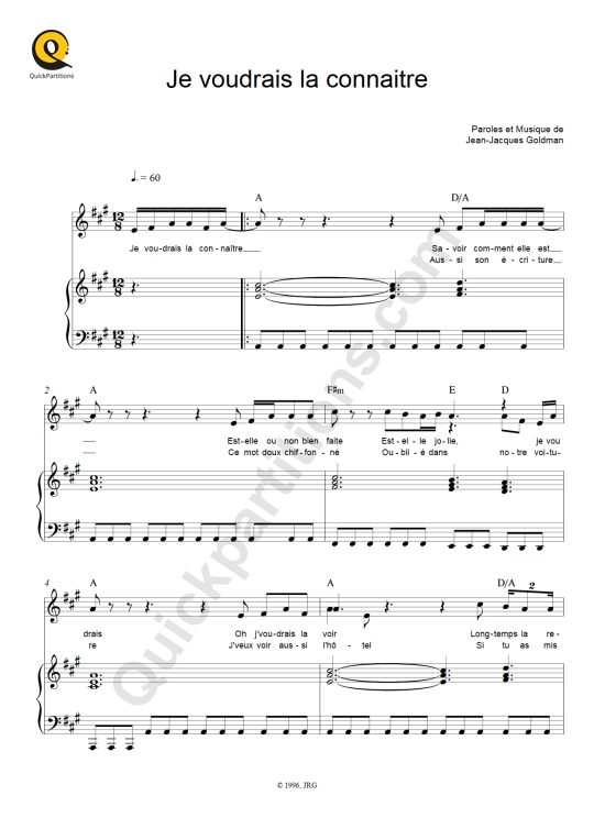 Partition piano Je voudrais la connaitre - Patricia Kaas