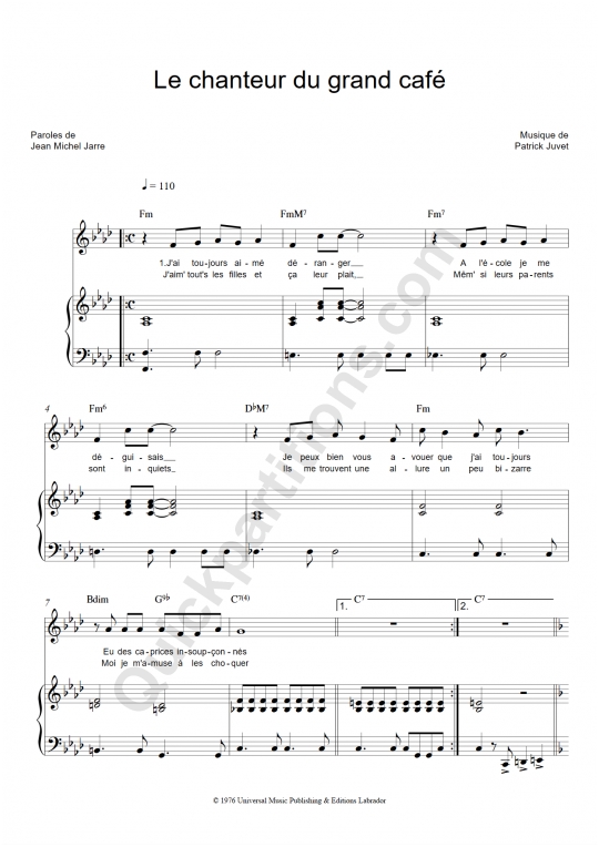Le chanteur du grand café Piano Sheet Music - Patrick Juvet