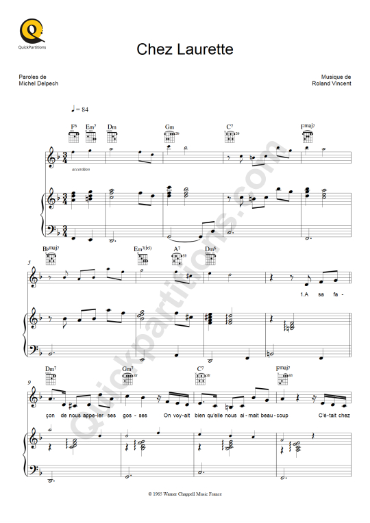 Partition piano Chez Laurette - Michel Delpech