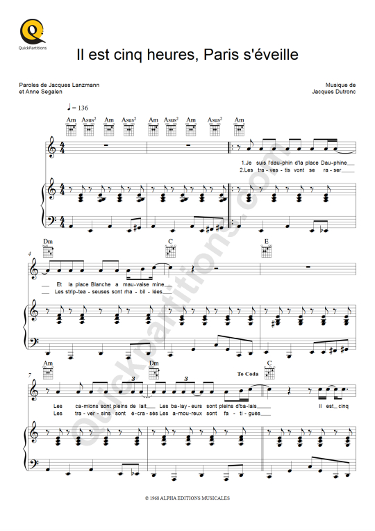 Il est cinq heures, Paris s'éveille Piano Sheet Music - Jacques Dutronc
