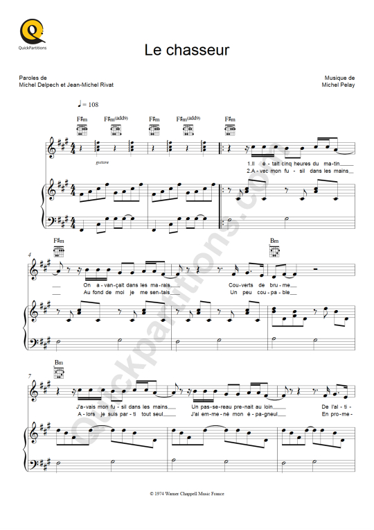 Le chasseur Piano Sheet Music - Michel Delpech
