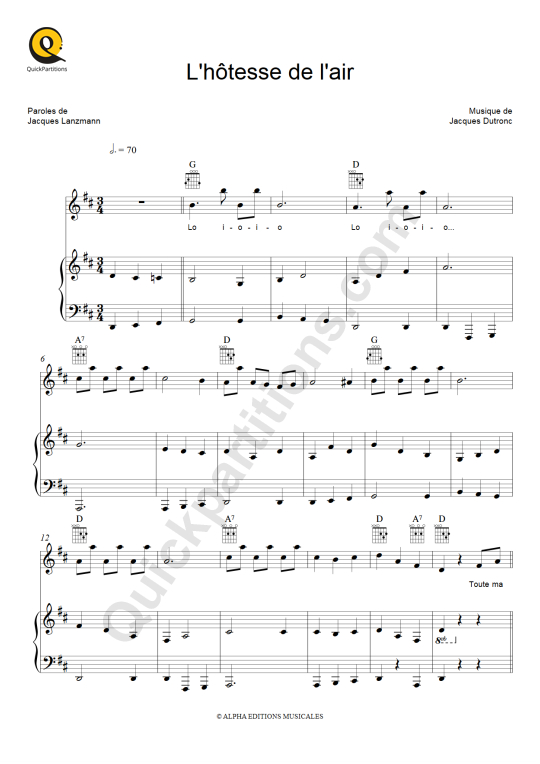 L'hôtesse de l'air Piano Sheet Music - Jacques Dutronc