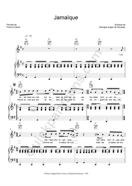 Jamaique Piano Sheet Music - Francis Cabrel