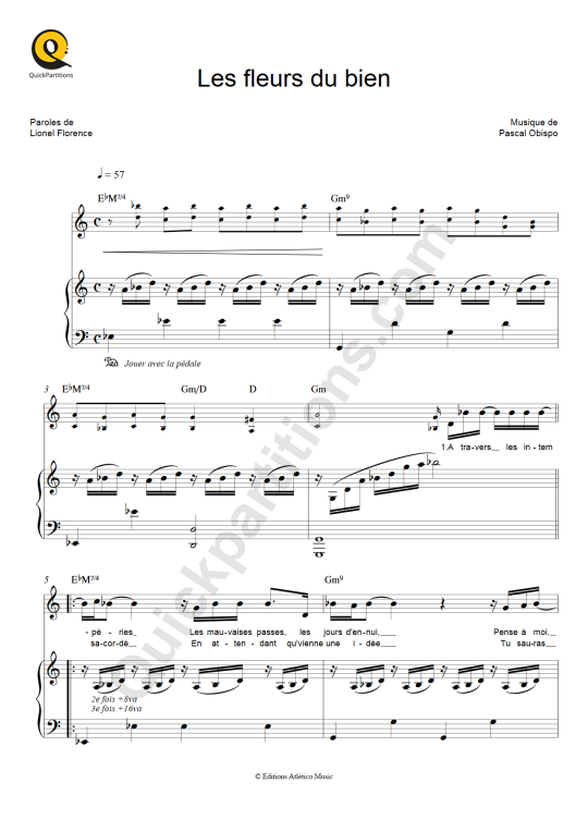 Les fleurs du bien Piano Sheet Music - Pascal Obispo