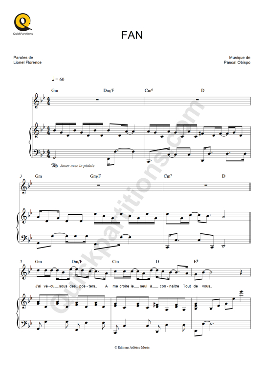Fan Piano Sheet Music - Pascal Obispo
