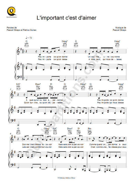 Partition piano L'important c'est d'aimer - Pascal Obispo