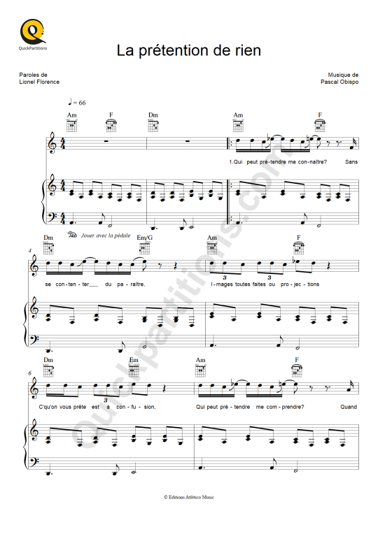Partition piano La prétention de rien - Pascal Obispo