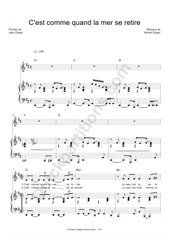 C'est comme quand la mer se retire Piano Sheet Music - Serge Reggiani