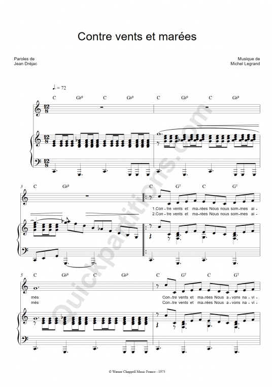 Partition piano Contre vents et marées - Serge Reggiani